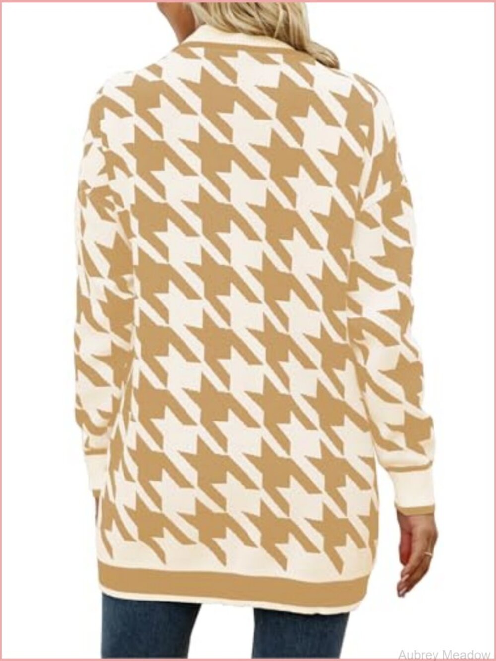 Lightweight Open Front Cardigan Sweater, Long Sleeve Knit Houndstooth Outerwear - Picture 3 of 6